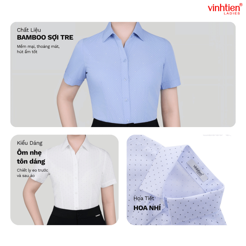 Áo Sơ Mi Nữ Ngắn Tay  Vĩnh Tiến Ladies, Chất Liệu Bamboo, Hoạ Tiết Hoa Nhí - GTB 495