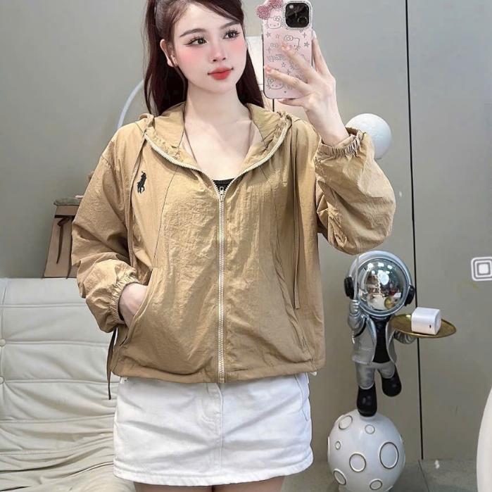Áo khoác gió nữ 2 lớp lót lụa mềm mát, áo khoác dù chống nắng có mũ, chất vải gió nhăn form lửng vừa