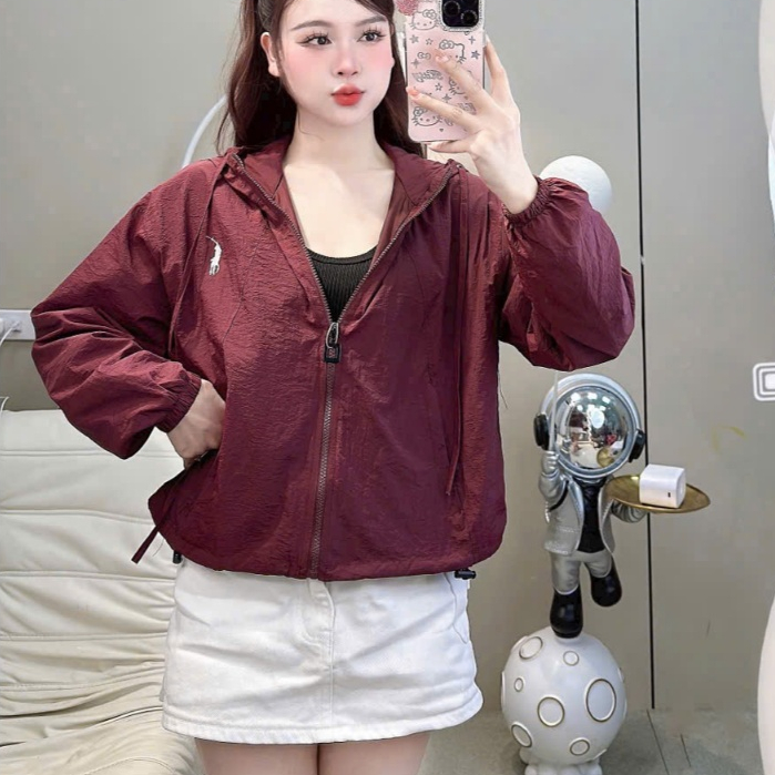 Áo khoác gió nữ 2 lớp lót lụa mềm mát, áo khoác dù chống nắng có mũ, chất vải gió nhăn form lửng vừa