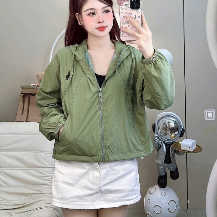Áo khoác gió nữ 2 lớp lót lụa mềm mát, áo khoác dù chống nắng có mũ, chất vải gió nhăn form lửng vừa