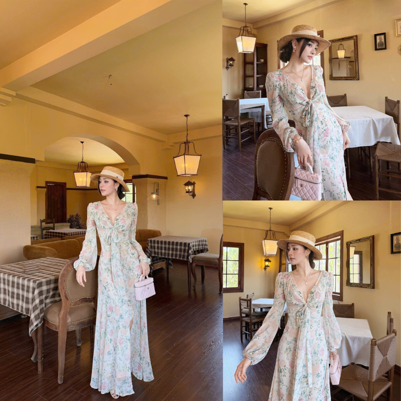 NH CLOTHER -Váy maxi voan hoa nhí tay dài thắt nơ ngực thiết kế xẻ tà quyến rũ