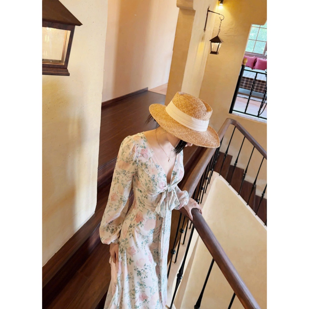 NH CLOTHER -Váy maxi voan hoa nhí tay dài thắt nơ ngực thiết kế xẻ tà quyến rũ