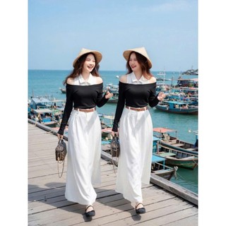 Set đồ đi biển thanh lịch áo ống phối sơ mi cách điệu và chân váy trắng