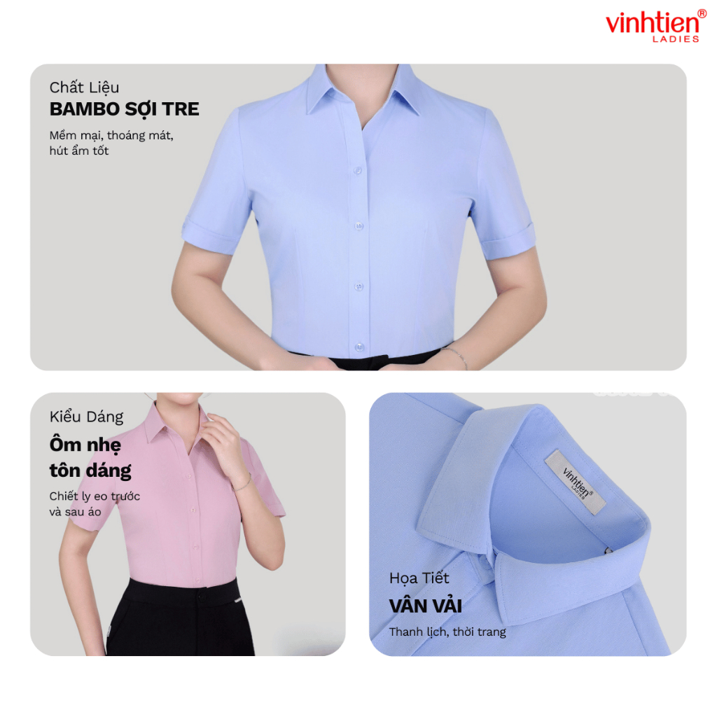 Áo Sơ Mi Nữ Ngắn Tay Vĩnh Tiến Ladies, Chất Liệu Bamboo,Vải Trơn – GTB 495