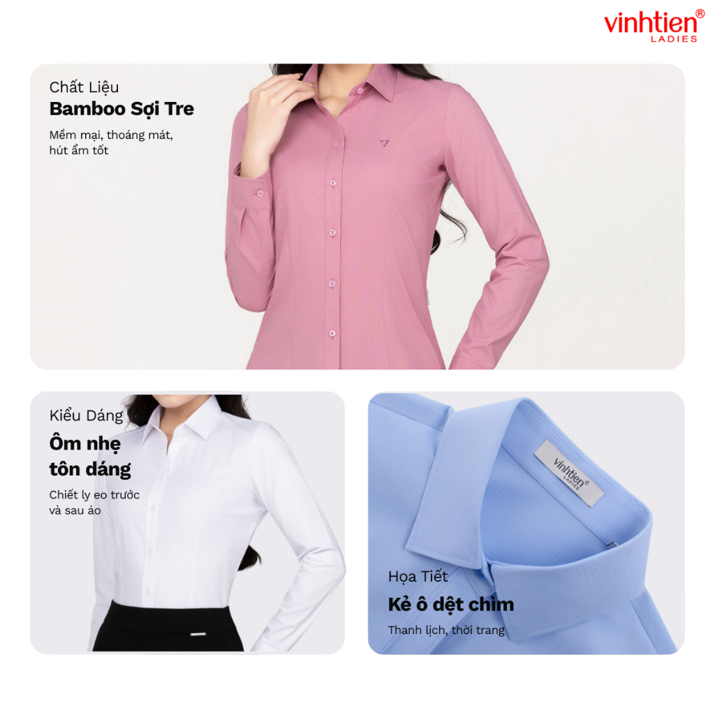 Áo Sơ Mi Dài Tay Vĩnh Tiến Ladies Chất Liệu Bamboo Sợi Tre Họa Tiết Kẻ Ô Dệt Chìm - GTB 575