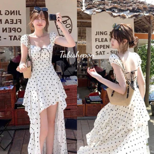 Đầm chấm bi đuôi cá hở lưng TABISHOP Váy maxi nữ thiết kế lạ mắt đi biển cafe du lịch(297)