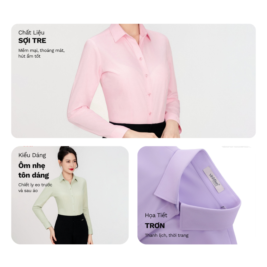 Áo Sơ Mi Nữ Dài Tay Vĩnh Tiến Ladies, Chất Liệu Bamboo Sợi Tre, Vải Trơn - GTB 575