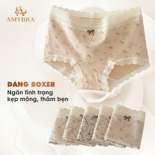 [ BST 2026 ] Quần Lót Nữ AMYBRA Phối Ren Dáng Đùi Ôm Mông, Quần Boxer Nữ Cotton Mềm Thoáng Khí L5918