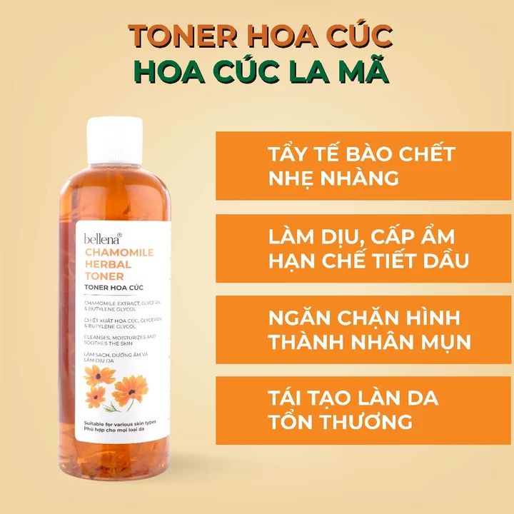 Toner hoa cúc cho da dầu mụn Calendula nước hoa hồng Bellena Chamomile Herbal Toner 500ml