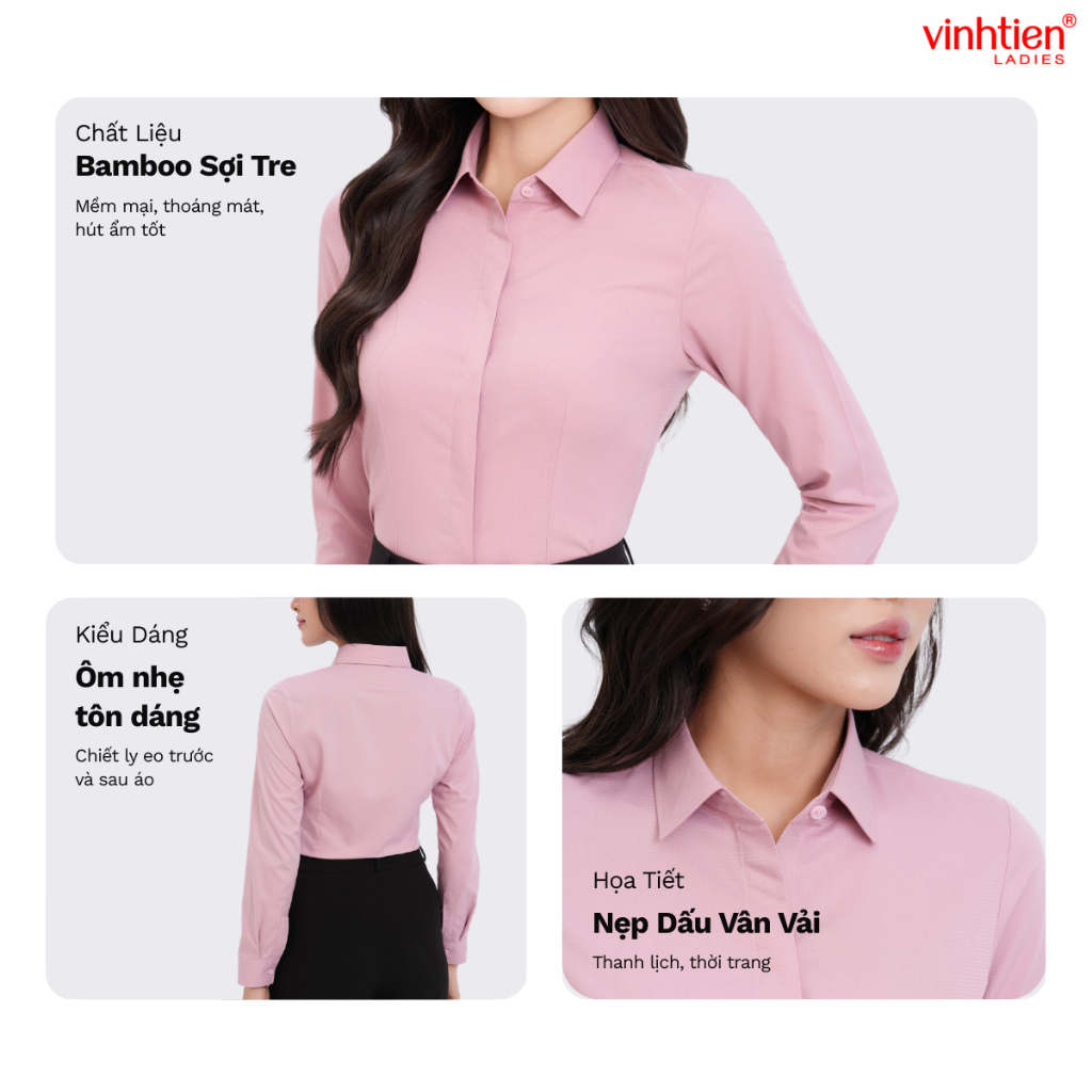 Áo Sơ Mi Nữ Dài Tay Vĩnh Tiến Ladies Nẹp Dấu Cúc Vân Vải, Chất Liệu Bamboo – GTB 605