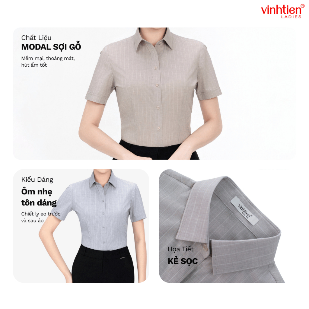 Áo Sơ Mi Nữ Ngắn Tay Công Sở Vĩnh Tiến Ladies, Chất Liệu Bamboo Sợi Tre Họa Tiết Kẻ Sọc - GTB 495
