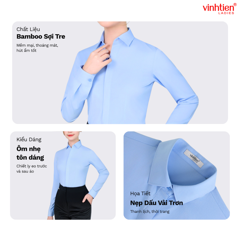 Áo Sơ Mi Dài Tay Vĩnh Tiến Ladies Nẹp Dấu Cúc Trơn, Chất Liệu Bamboo,Chiết li eo tôn dáng – GTB 605