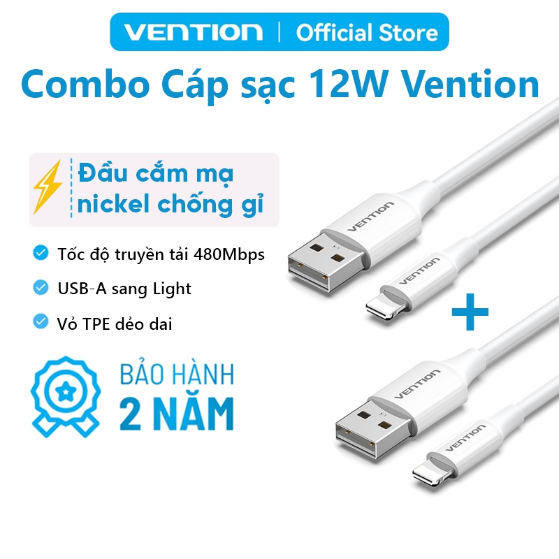 Combo 2 Cáp Sạc Nhanh 12W Vention USB-A Sang Light ,Sạc ổn định, Truyền Dữ Liệu nhanh,Dây dẻo bền