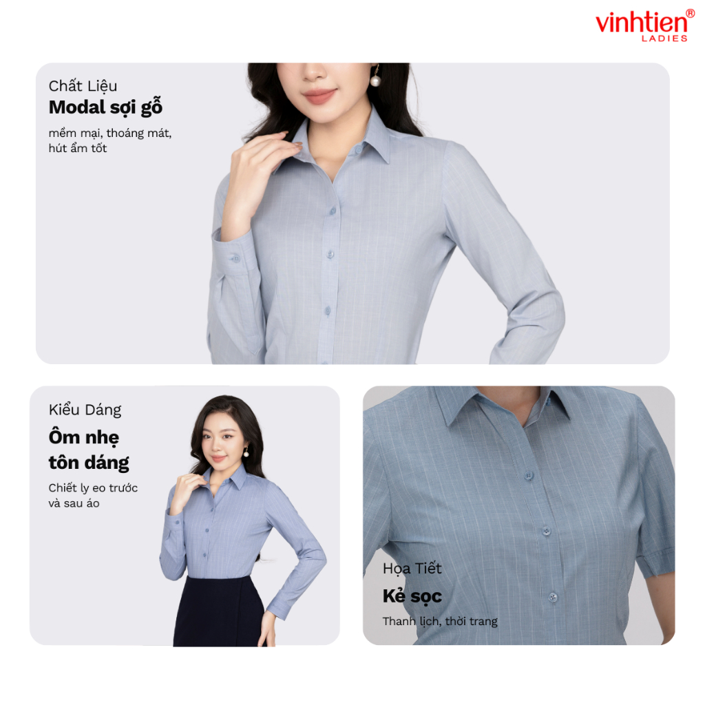 Áo Sơ Mi Nữ Dài Tay Vĩnh Tiến Ladies, Chất Liệu Modal, Họa Tiết Kẻ Sọc - GTB 585