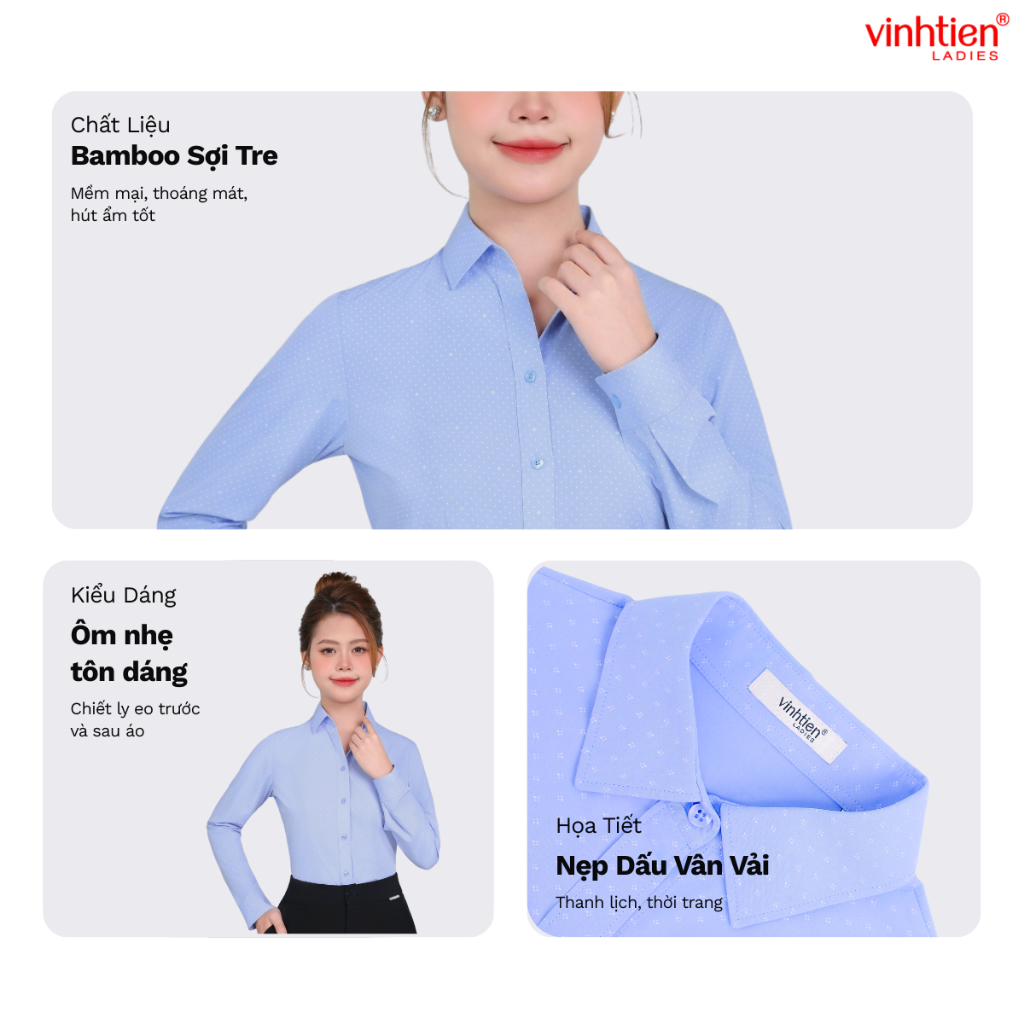 Áo Sơ Mi Dài Tay Vĩnh Tiến Ladies, Chất Liệu Bamboo, Hoạ Tiết Hoa Nhí – GTB 585.