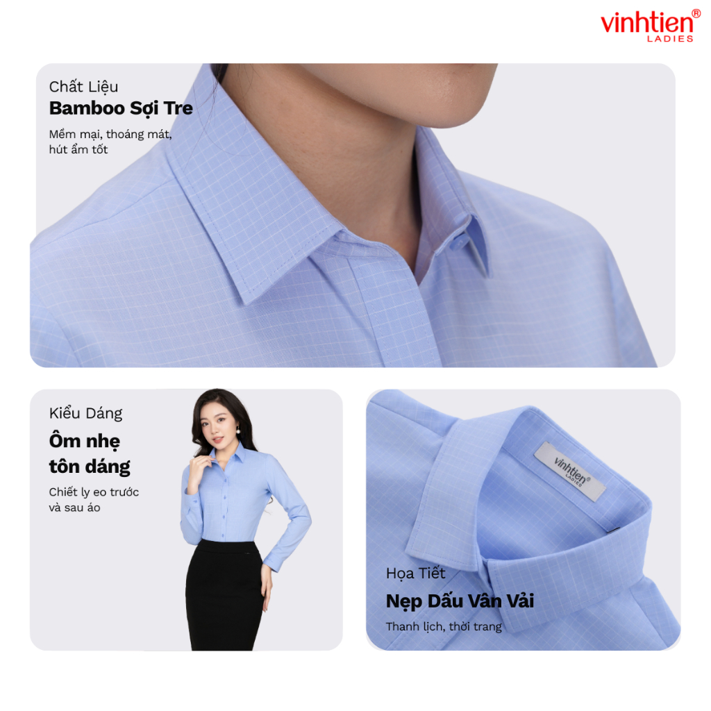 Áo Sơ Mi Dài Tay Vĩnh Tiến Ladies, Chất Liệu Bamboo, Họa Tiết Kẻ Caro - GTB 585