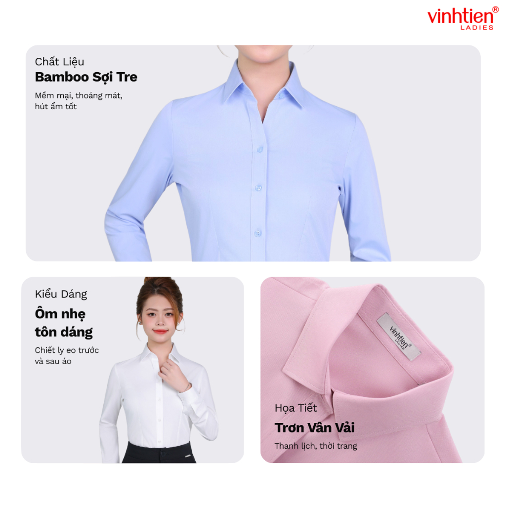 Áo Sơ Mi Dài Tay Vĩnh Tiến Ladies, Chất Liệu Bamboo,Chiết li eo tôn dáng – GTB 585