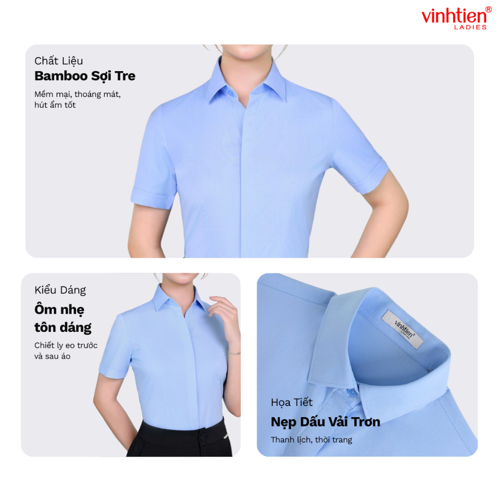 Áo Sơ Mi Nữ Ngắn Tay Vĩnh Tiến Ladies Nẹp Dấu Cúc Trơn, Chất Liệu Bamboo - GTB 509