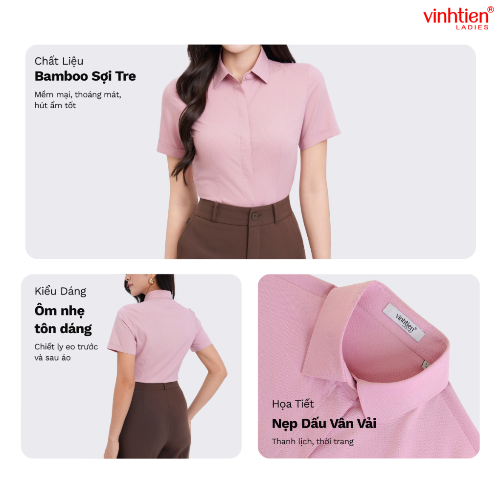 Áo Sơ Mi Nữ Ngắn Tay Vĩnh Tiến Ladies Nẹp Dấu Cúc Vân Vải, Chất Liệu Bamboo – GTB 509