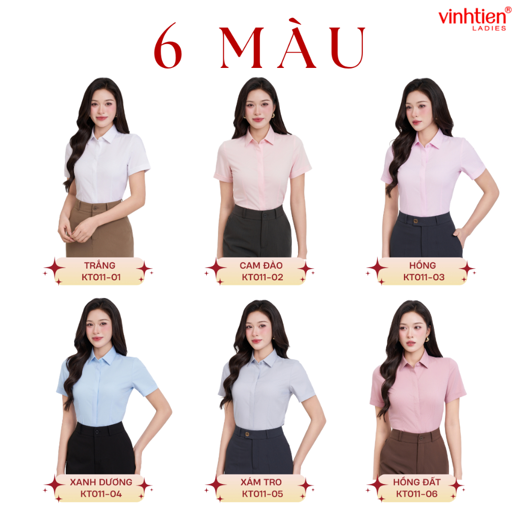 Áo Sơ Mi Nữ Ngắn Tay Vĩnh Tiến Ladies Nẹp Dấu Cúc Vân Vải, Chất Liệu Bamboo – GTB 509