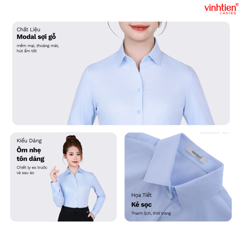 Áo Sơ Mi Nữ Dài Tay Vĩnh Tiến Ladies, Chất Liệu Bamboo, Hoạ Tiết Caro - GTB 399