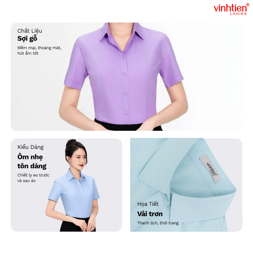 Áo Sơ Mi Nữ Ngắn Tay Công Sở Vĩnh Tiến Ladies, Chất Liệu Modal Sợi Gỗ, Vải Trơn - GTB 399
