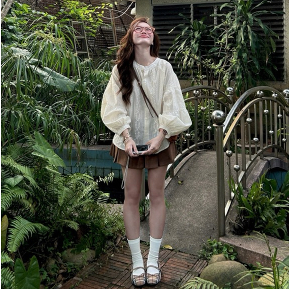 (TẶNG KÈM ÁO QUÂY) Áo ren xô hoa cổ tàu tay phồng dáng rộng Michu Babydoll