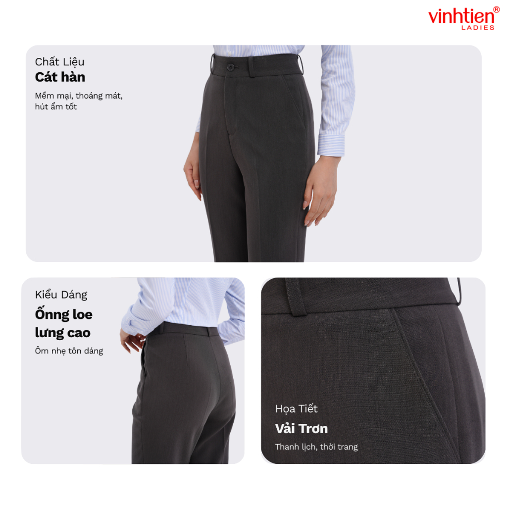 Quần âu nữ ống loe ( bát ) lưng cao Vĩnh Tiến, GTB 589, chất liệu vải mềm mịn thoáng mát đứng form.