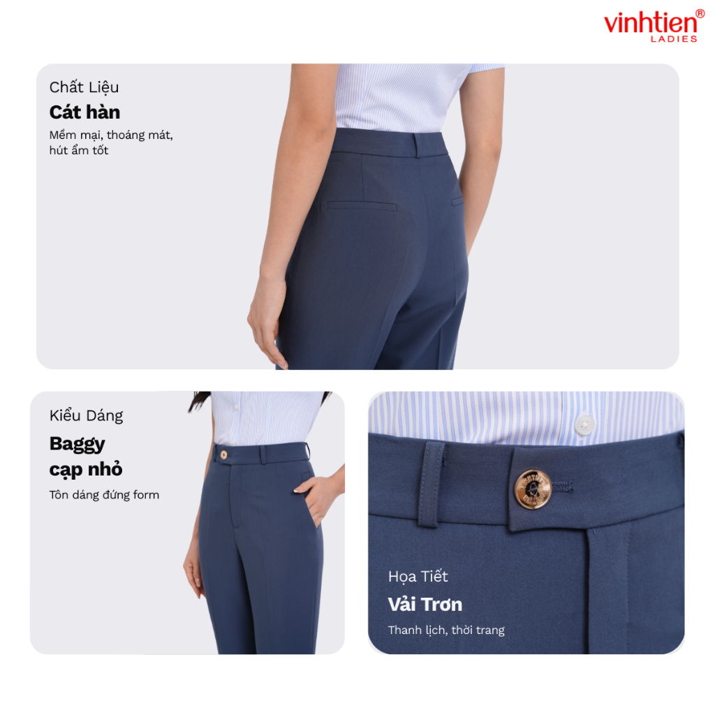 Quần Âu Nữ Baggy Cạp Nhỏ Vĩnh Tiến, GTB 579, chất liệu vải mềm mịn thoáng mát đứng form.