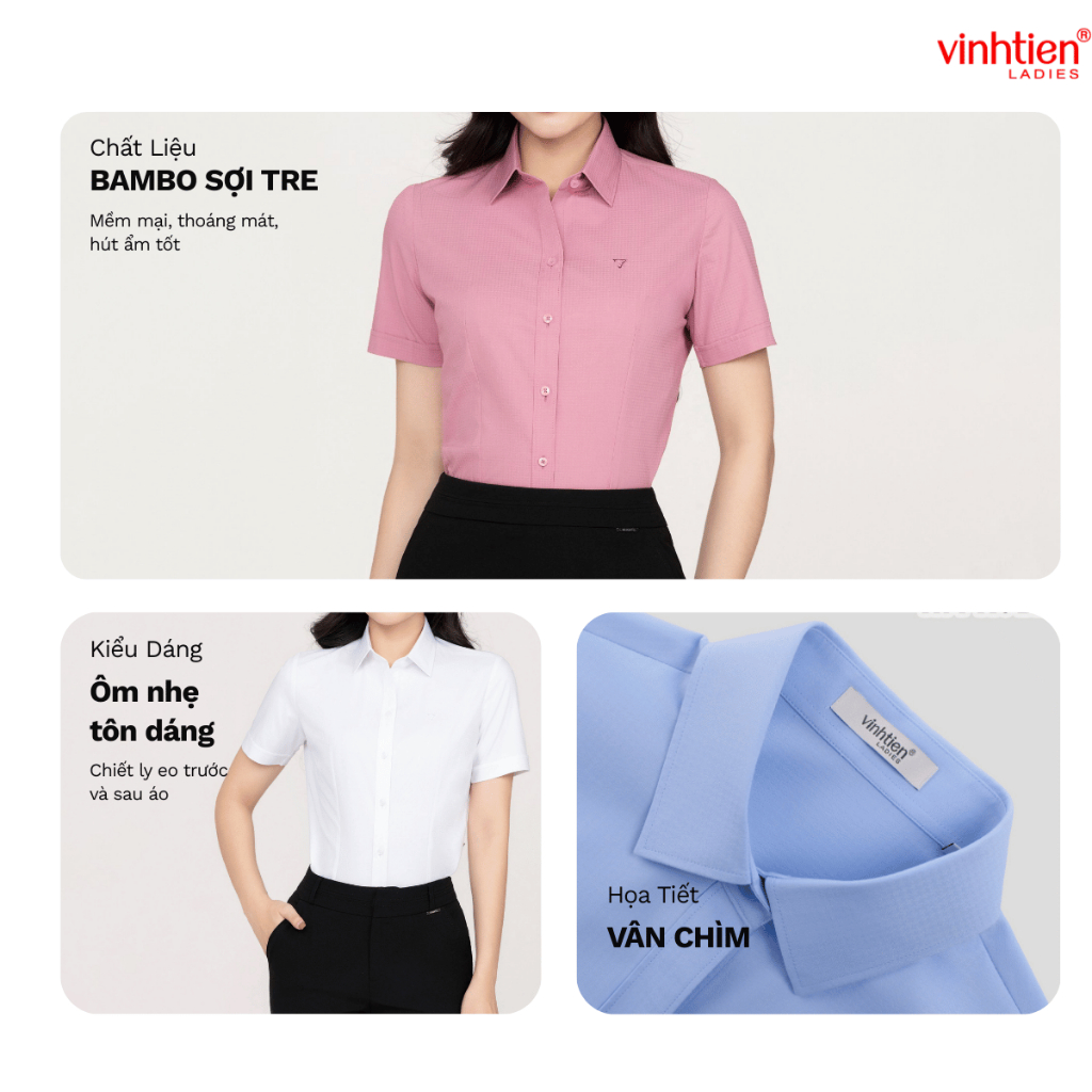 Áo Sơ Mi Nữ Ngắn Tay Vĩnh Tiến Ladies, Chất Liệu Bamboo, Họa Tiết Kẻ Ô In Chìm - GTB 469