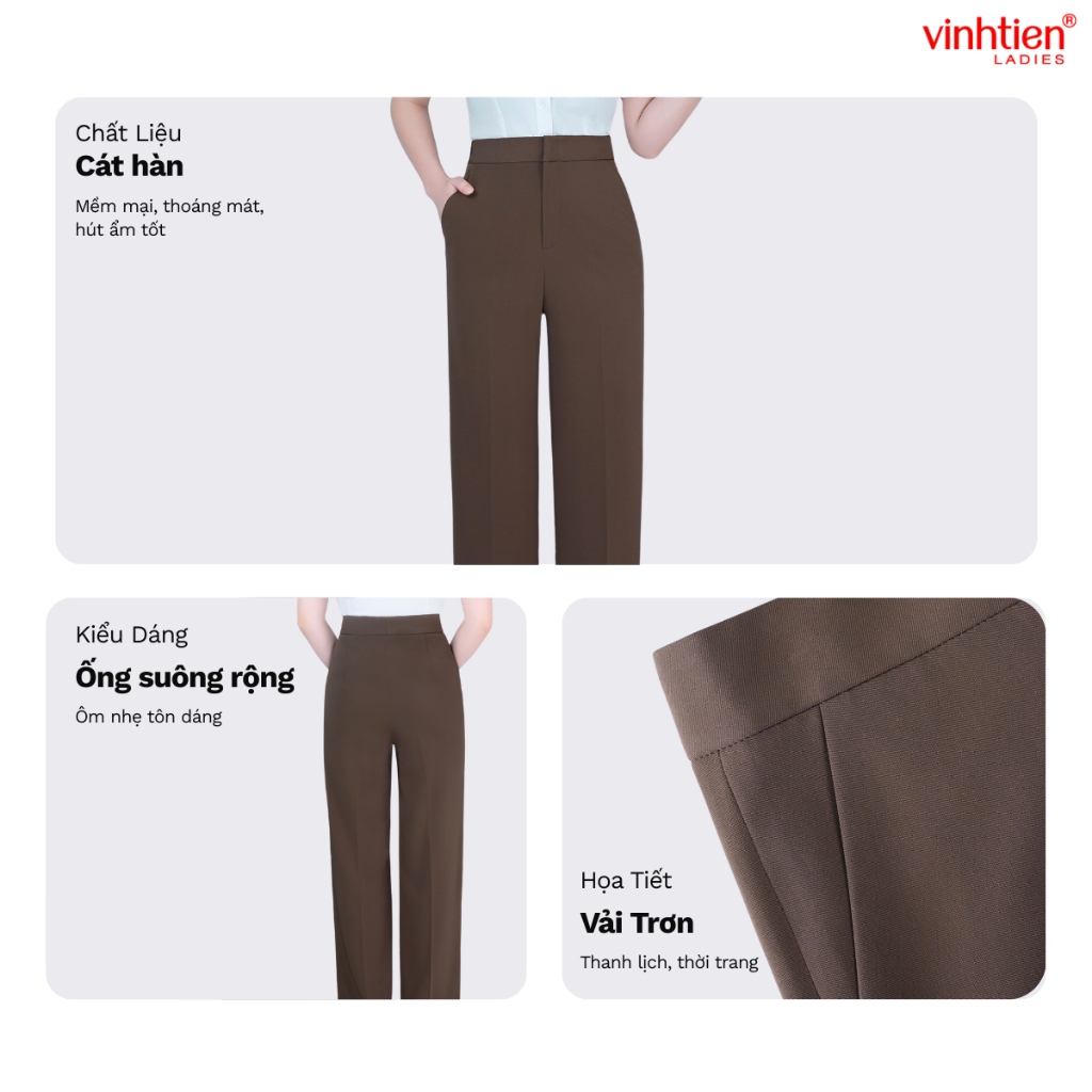 Quần Âu Nữ Ống Suông Rộng Vĩnh Tiến, GTB 709, chất liệu vải mềm mịn thoáng mát đứng form.