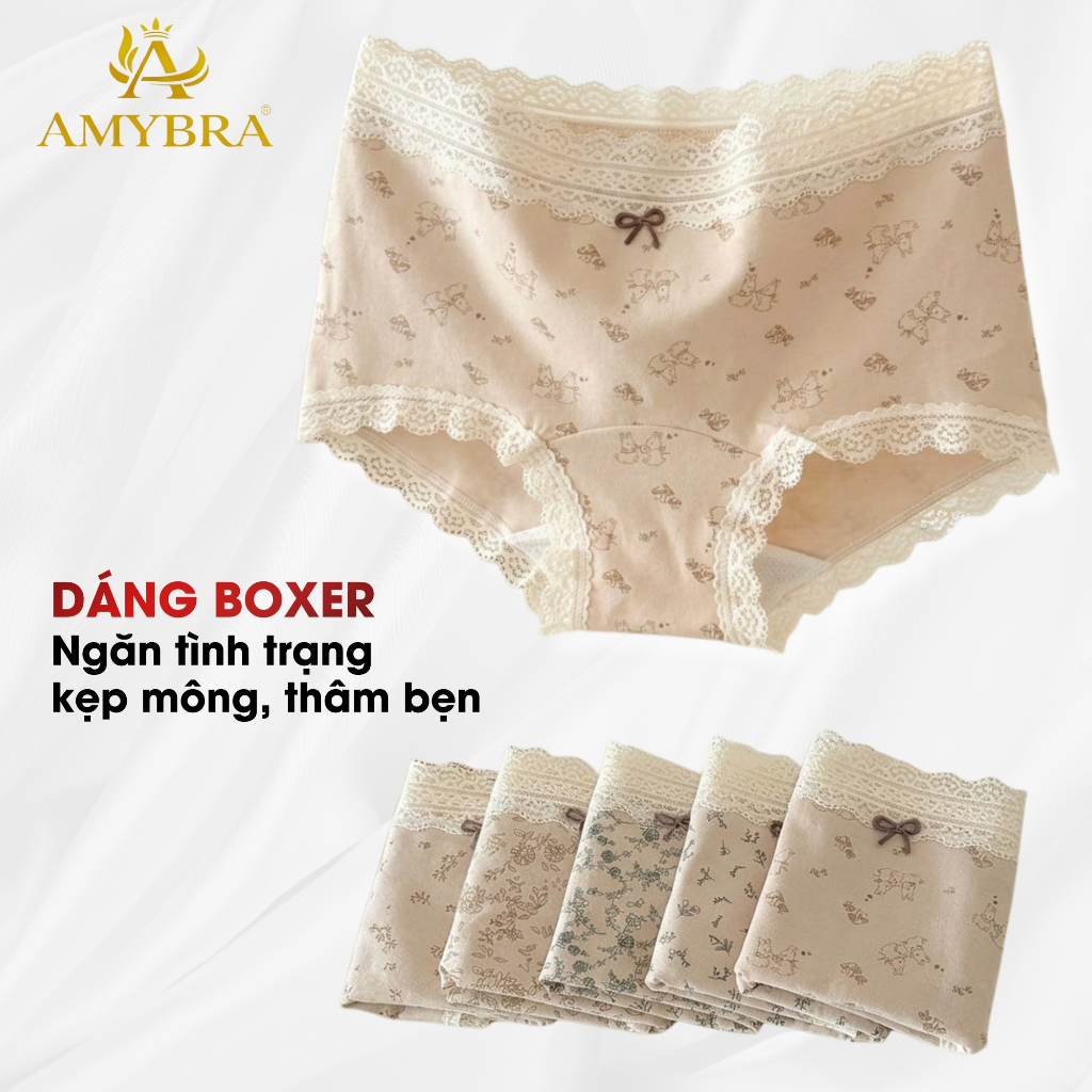 [ BST 2026 ] Quần Lót Nữ AMYBRA Cotton Kháng Khuẩn Dáng Đùi, Quần Boxer Nữ Viền Ren Gợi Cảm L5918