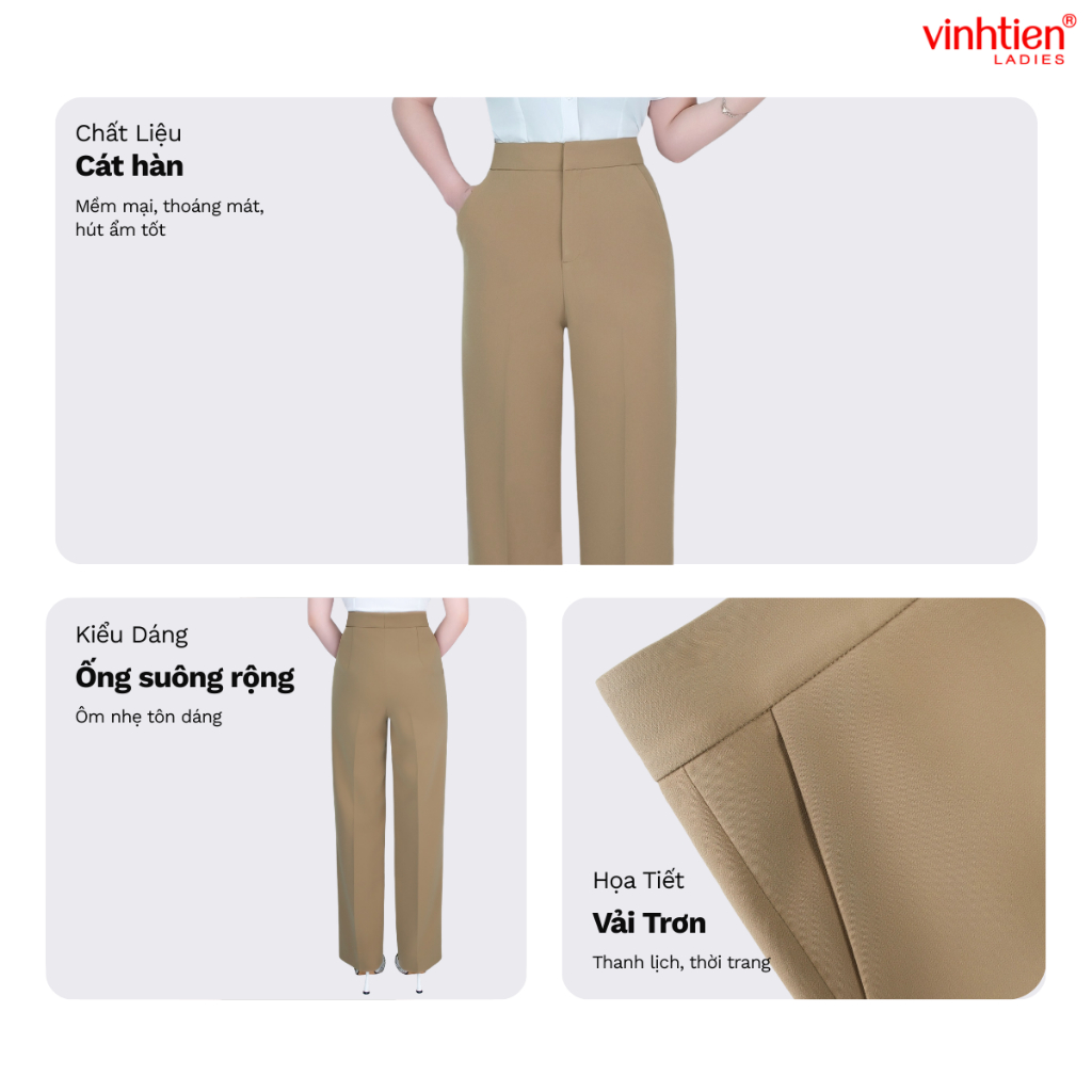 Quần Âu Nữ Ống Suông Rộng Vĩnh Tiến , GTB 765, chất liệu vải mềm mịn thoáng mát đứng form.