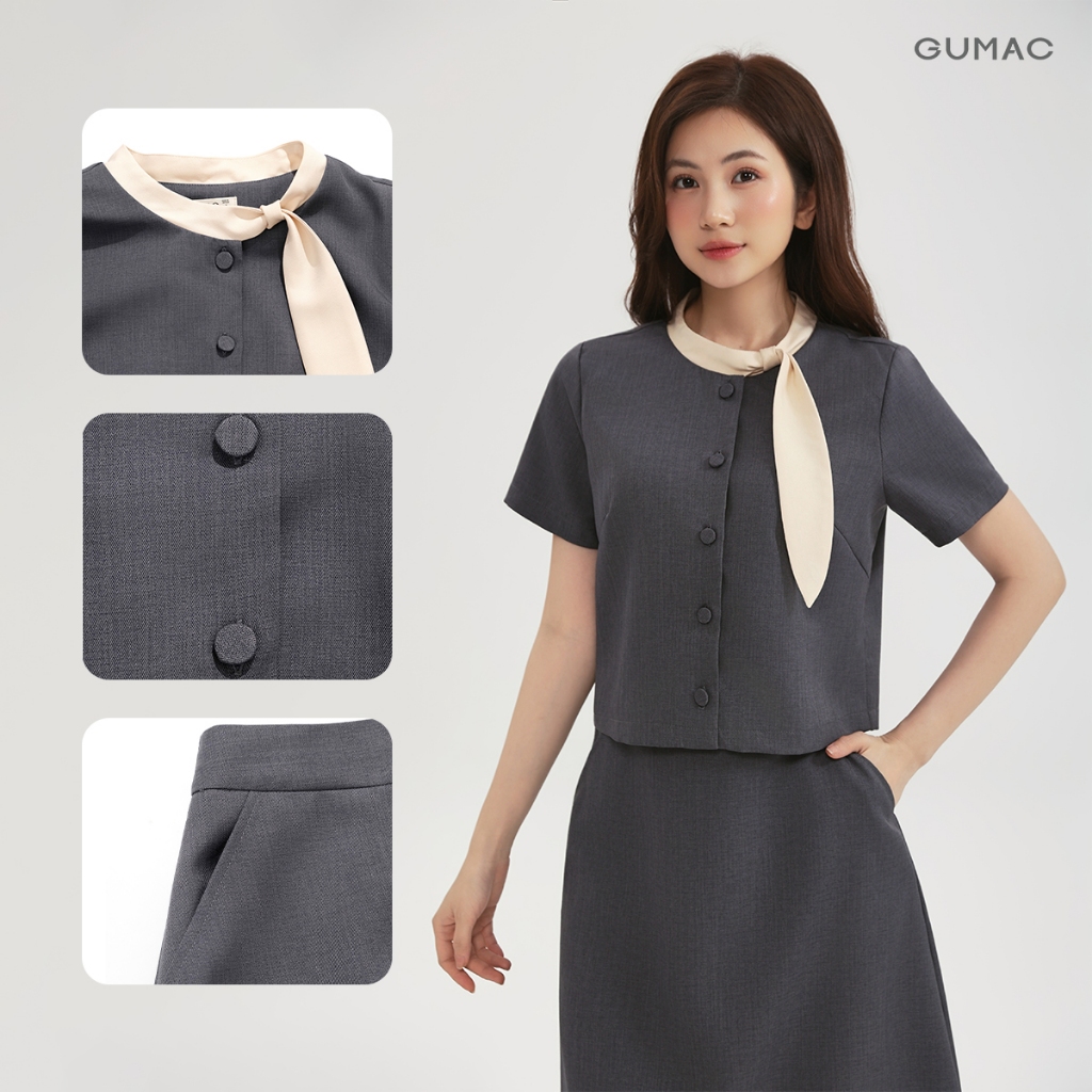 Set Lẻ Áo Kiểu GUMAC Dáng Lửng Thêu Cổ Cách Điệu LAF0913 - Chân Váy Nữ A Midi Thanh Lịch LVF0917