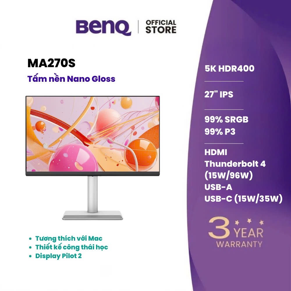 [Mới] BenQ MA270S_Màn hình máy tính dành cho Mac 27" 5K Nano Gloss, Thunderbolt 4, Daisy chain, thiết kế công thái học