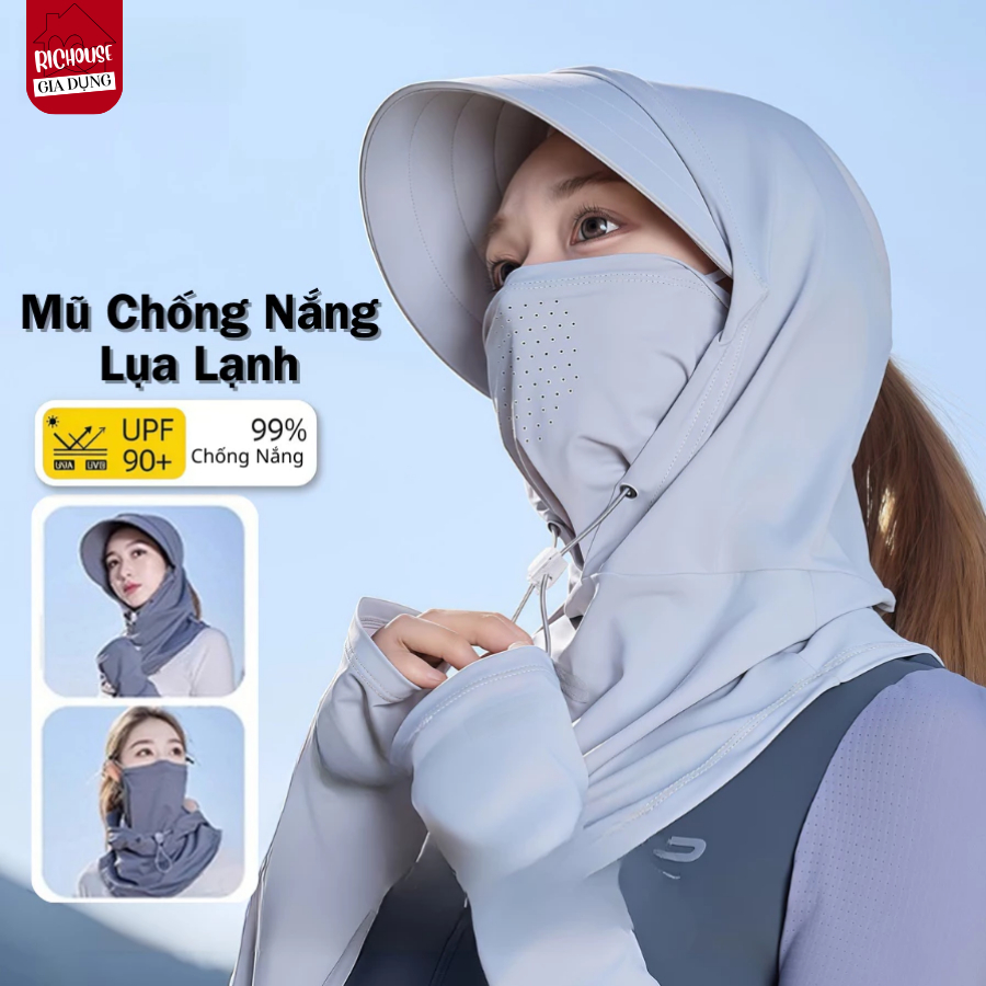 Mũ Chống Nắng Lụa Lạnh Trùm Đầu Chống Tia UV 99% Kèm Khẩu Trang Che Mặt, Mũ Chống Nắng Thoáng Khí