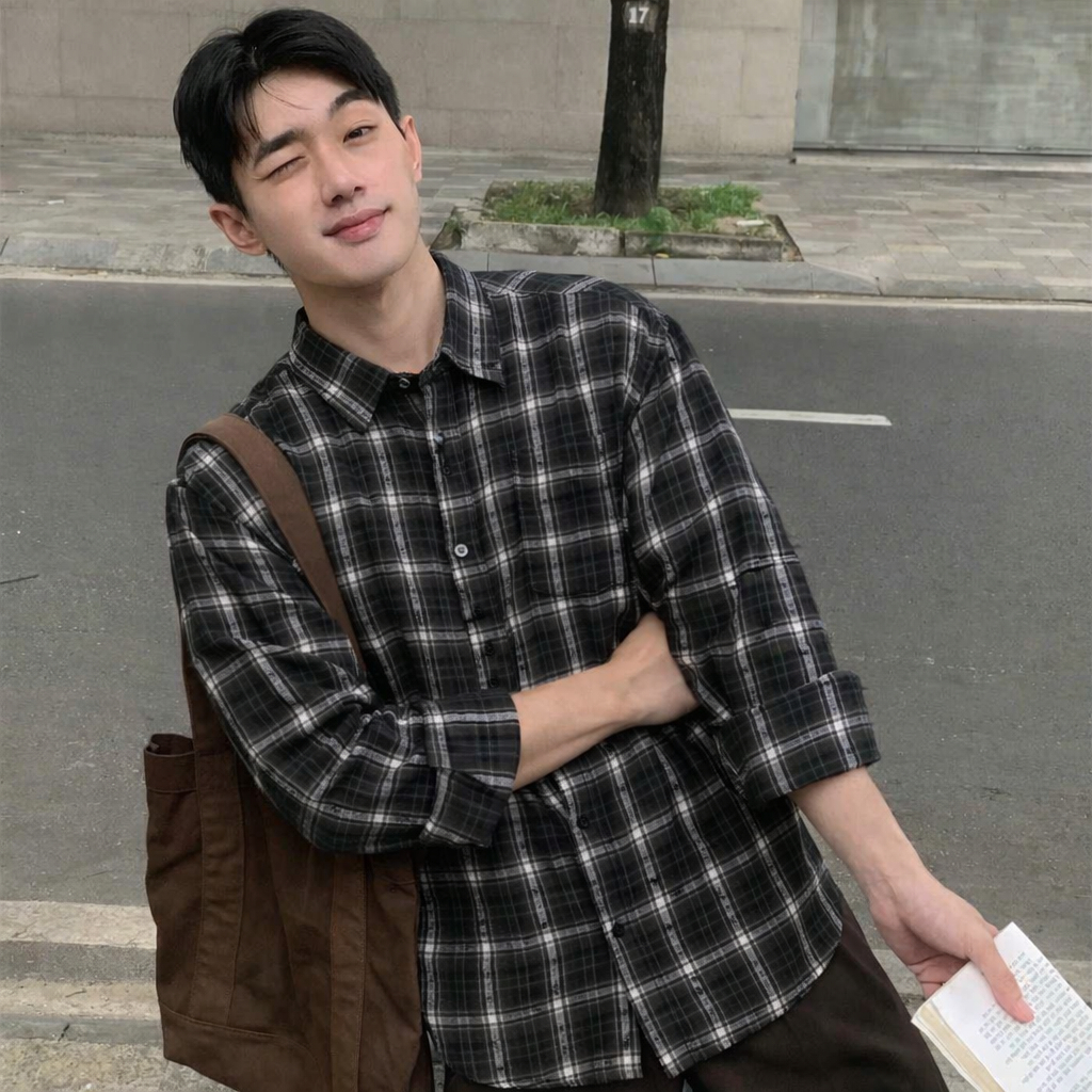 Áo Sơ Mi Flannel Nam Halley Kẻ Caro Hàn Quốc - Sơ Mi Nam Dài Tay Form Rộng Trẻ Trung Mùa Hè A47