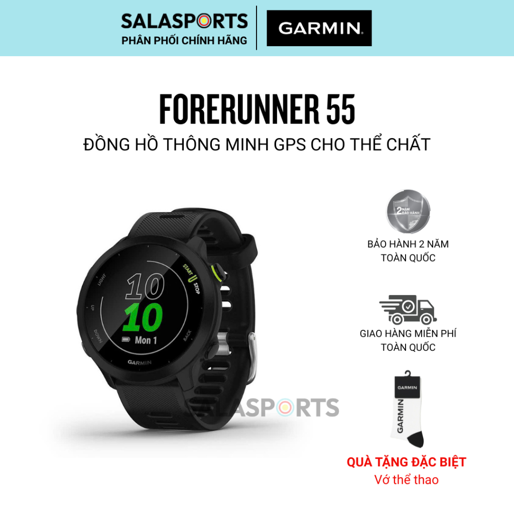 Đồng Hồ Thông Minh Garmin Forerunner 55 GPS (Black/Monterra Grey) - Hàng Chính Hãng
