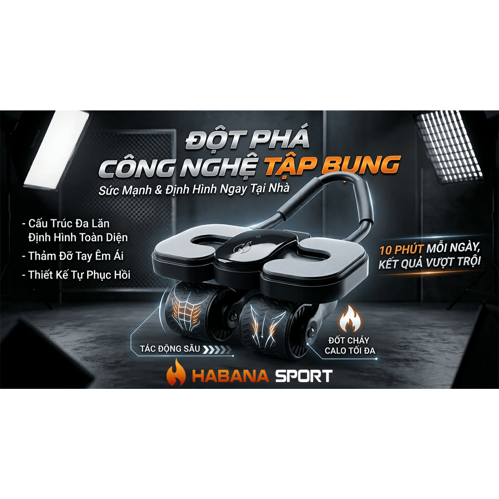 Máy tập bụng HABANA SPORT 4 bánh trợ lực 2026: Bán chạy (15k+), bảo hành 2 năm.