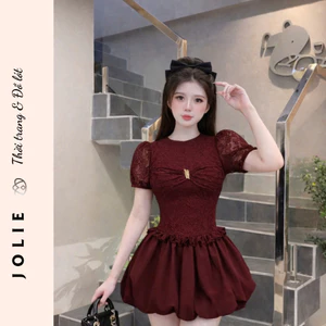 Váy thiết kế ren cao cấp dáng bồng tiểu thư phối nơ ngực sang chảnh Jolie