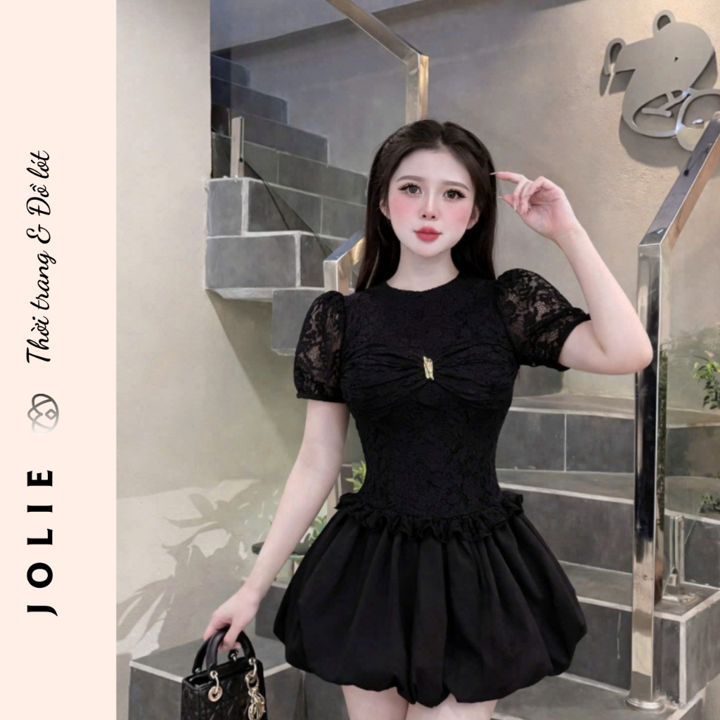 Váy thiết kế ren cao cấp dáng bồng tiểu thư phối nơ ngực sang chảnh Jolie