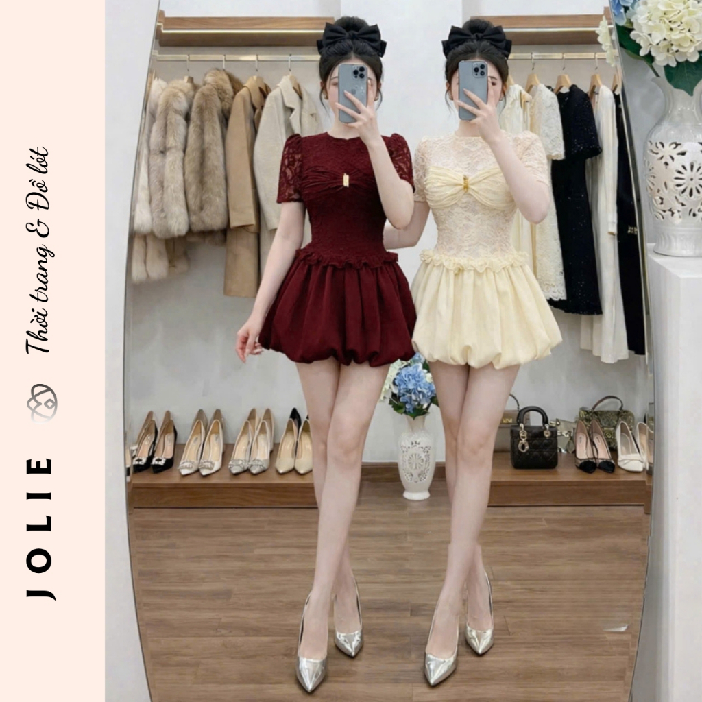 Váy thiết kế ren cao cấp dáng bồng tiểu thư phối nơ ngực sang chảnh Jolie