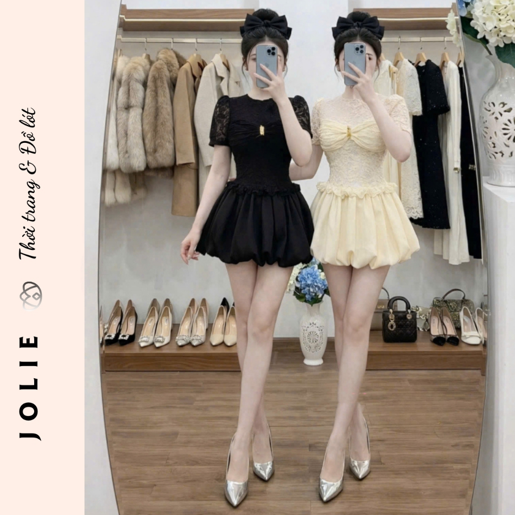 Váy thiết kế ren cao cấp dáng bồng tiểu thư phối nơ ngực sang chảnh Jolie