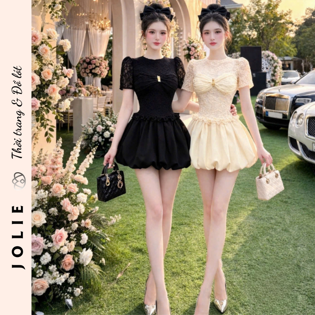 Váy thiết kế ren cao cấp dáng bồng tiểu thư phối nơ ngực sang chảnh Jolie