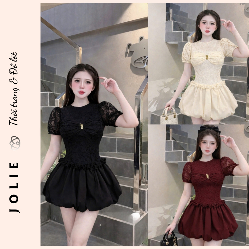 Váy thiết kế ren cao cấp dáng bồng tiểu thư phối nơ ngực sang chảnh Jolie