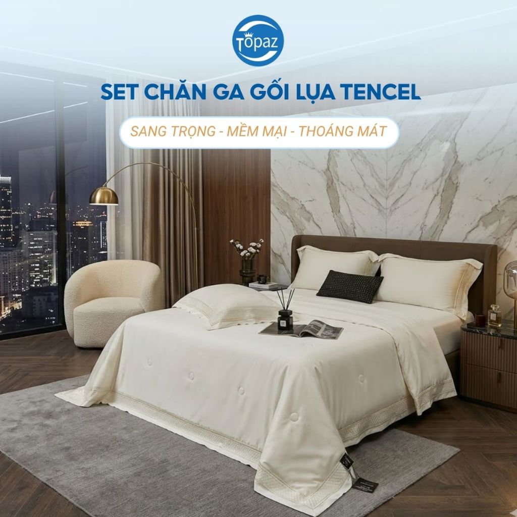 Set Bộ Chăn Ga Gối Lụa Tencel Cao Cấp TOPAZ Gồm 4 Món Vải Mát Lạnh Thoáng Khí Giúp Ngủ Ngon và Sâu Giấc