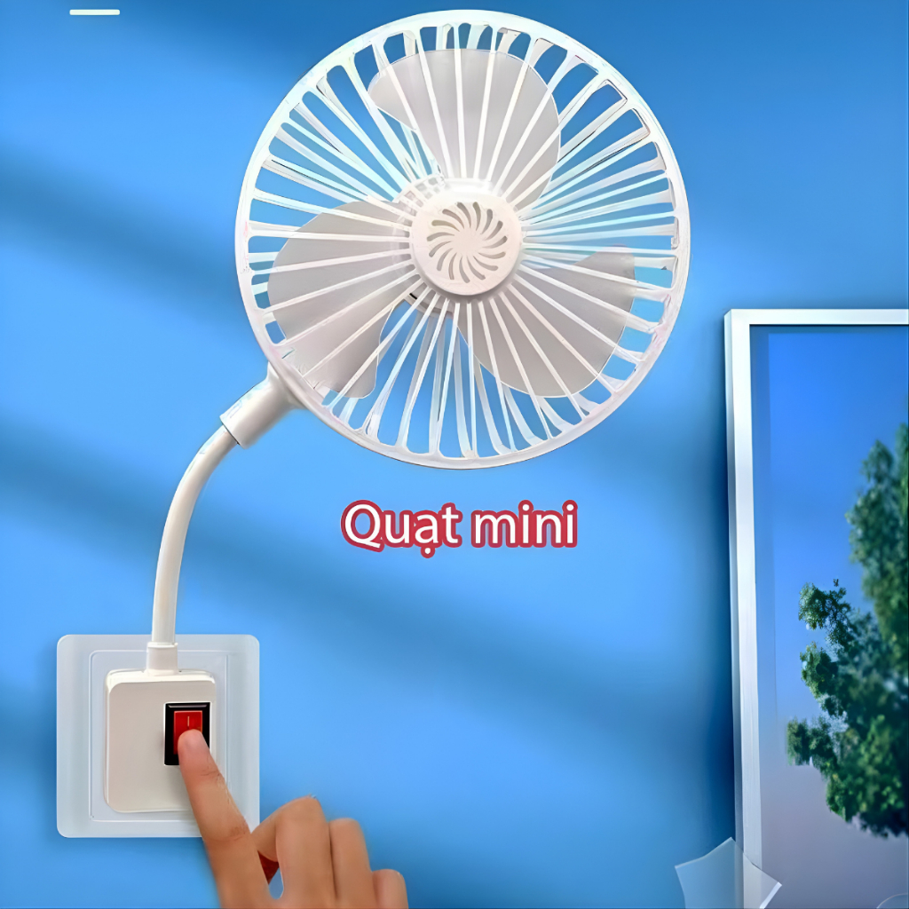 Quạt 3 cánh có lồng bảo vệ, cắm tường gió êm tiết kiệm điện dùng phòng ngủ xoay 360 độ quạt ổ cắm mini 220V