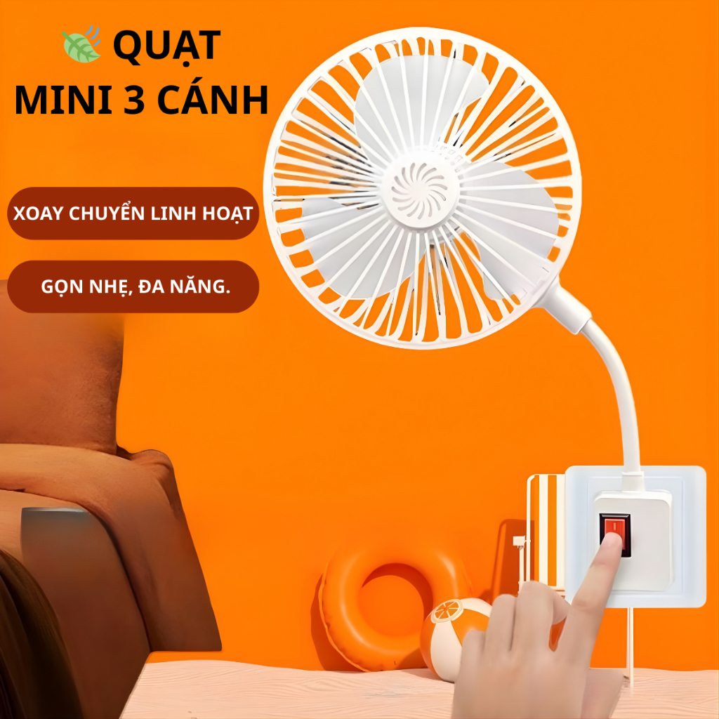 Quạt 3 cánh có lồng bảo vệ, cắm tường gió êm tiết kiệm điện dùng phòng ngủ xoay 360 độ quạt ổ cắm mini 220V