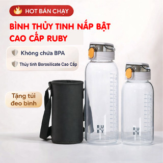 Bình Thuỷ Tinh Cao Cấp Chia Vạch Nắp Bật Tiện Lợi, Có ống hút, Dung Tích 750ml - 1000ml