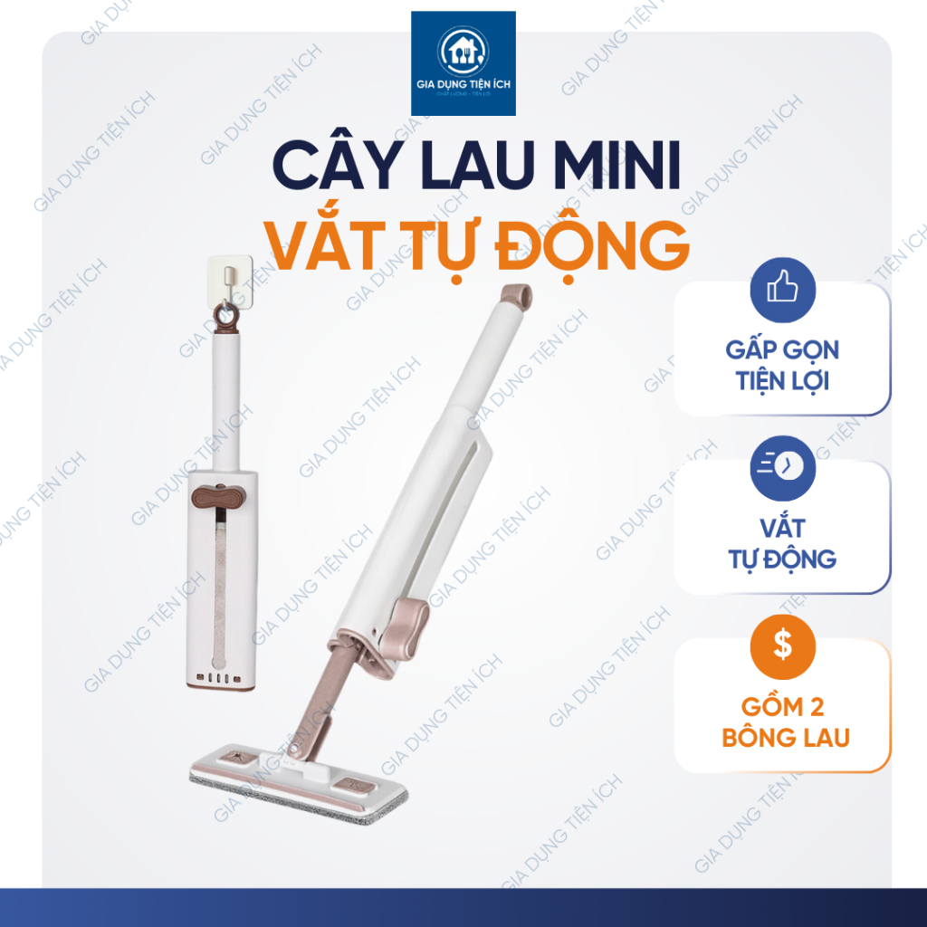 Cây lau nhà mini xoay 360 độ tự vắt khô màu nâu lau khe hẹp lau sàn lau kính kèm 2 miếng lau